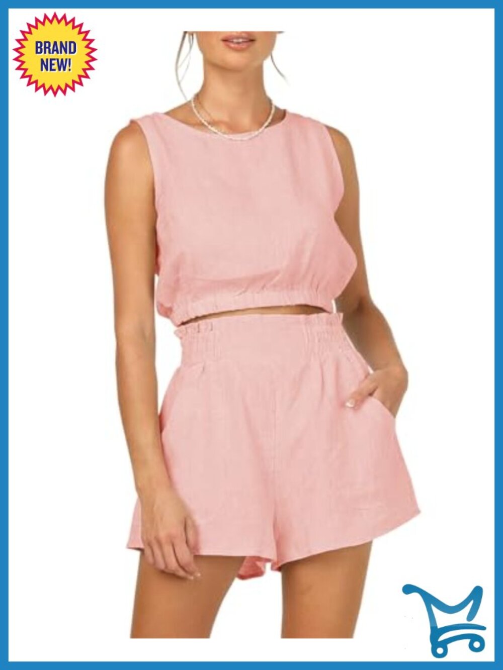 Cotton 2 Piece Short Set - Sleeveless Crop Top & High Waist Shorts